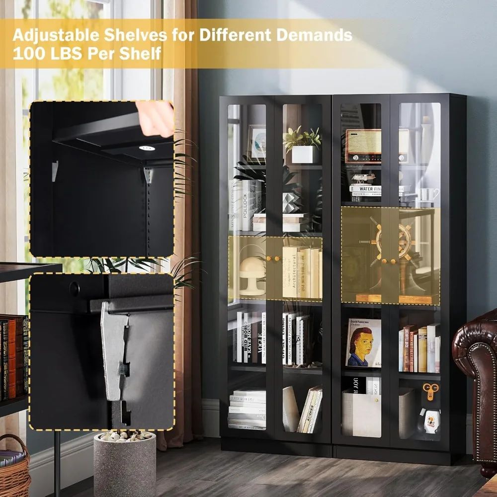 خزانة عرض معدنية ذات رف قابل للتعديل للمقتنيات، رف كتب أسود من 5 طبقات