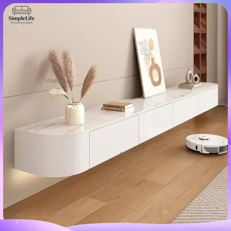 Nordic Solid Wood Floating TV Stand Modern White Wall Mounted TV Cabinet for Small Apartment Living Room Home Entertainment