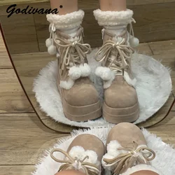 Original Design Lolita Women's Winter Snow Boots Cute Fur Ball Fleece Warm Short Boots Girls Khaki Black Ankle Boots