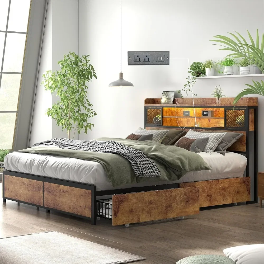 Queen Bed Frame with 4 Storage Drawers, LED Beds Frames with Outlets and USB Ports, Metal Platform Bed Frame Size