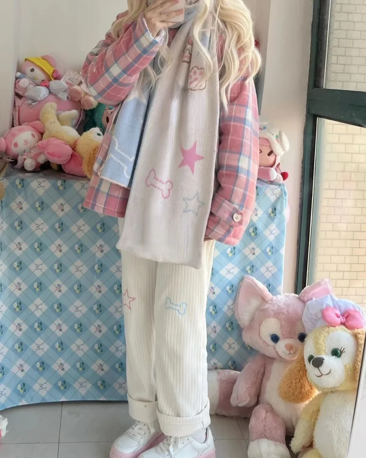 Harajuku Kawaii White Corduroy Pants Women Japanese Style Sweet Cute Wide Leg Trousers Embroidery Girly Fleece Pantalon