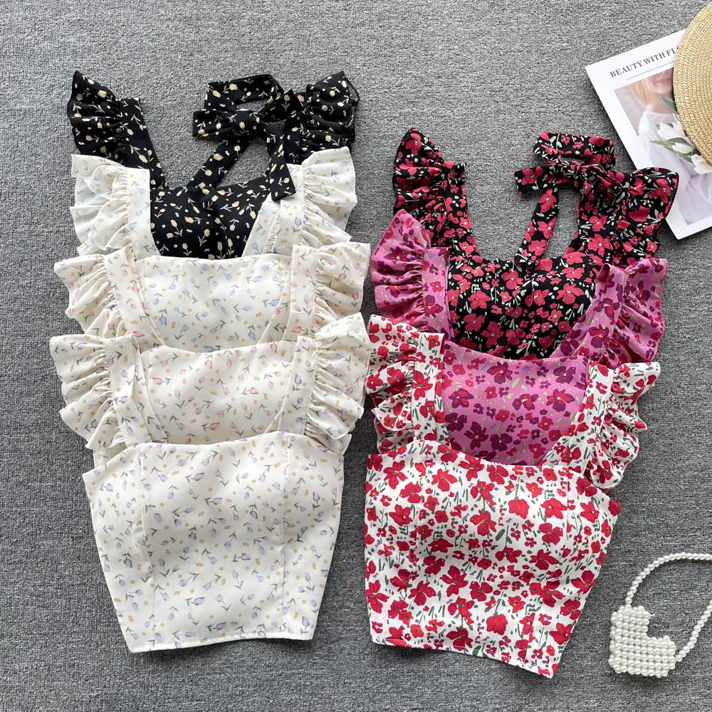 2023 Beach Camisole Retro Women Ruffle Top Short Slim Female Fashion Korean Streetwear Summer Floral Camis Blouses