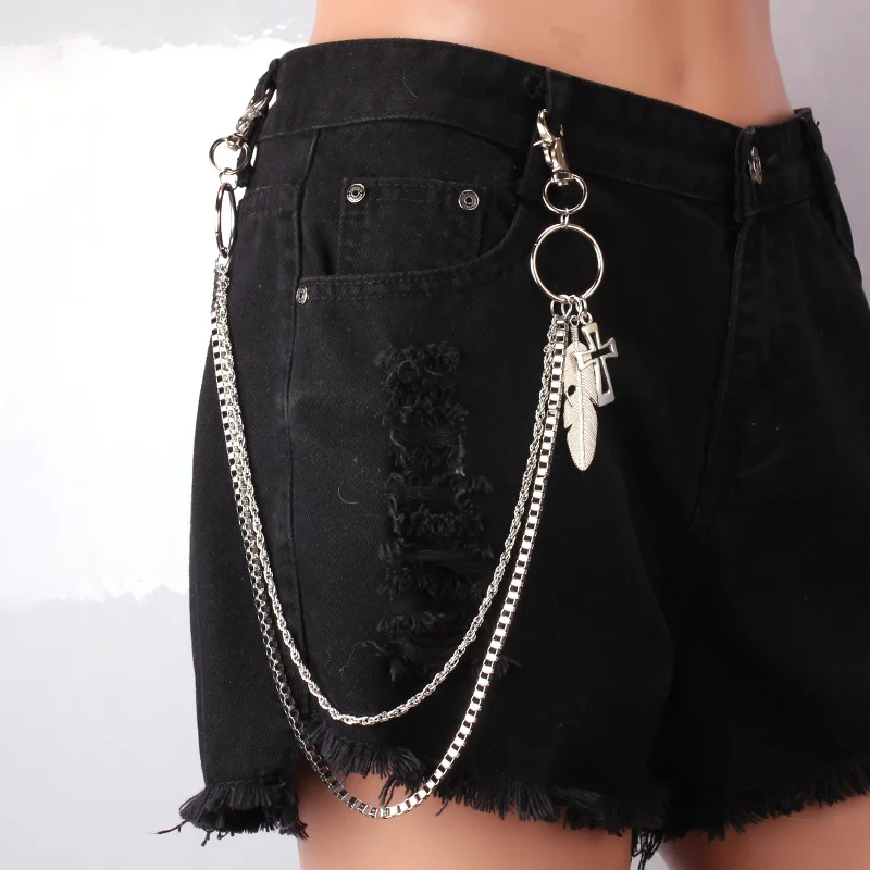Personalized Street Style Cross Feather Pendant Waist Chain Versatile Double-layer Unisex Chain