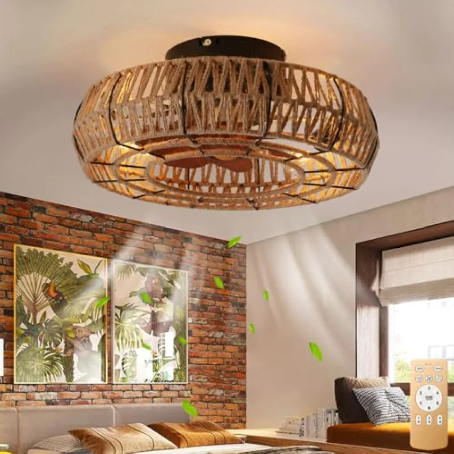 

Living Room Bedroom Boho Flush Mount Ceiling Fan with Light, Metal Caged Design, Black, 6-Speed Bladeless Reversible Fan with 4