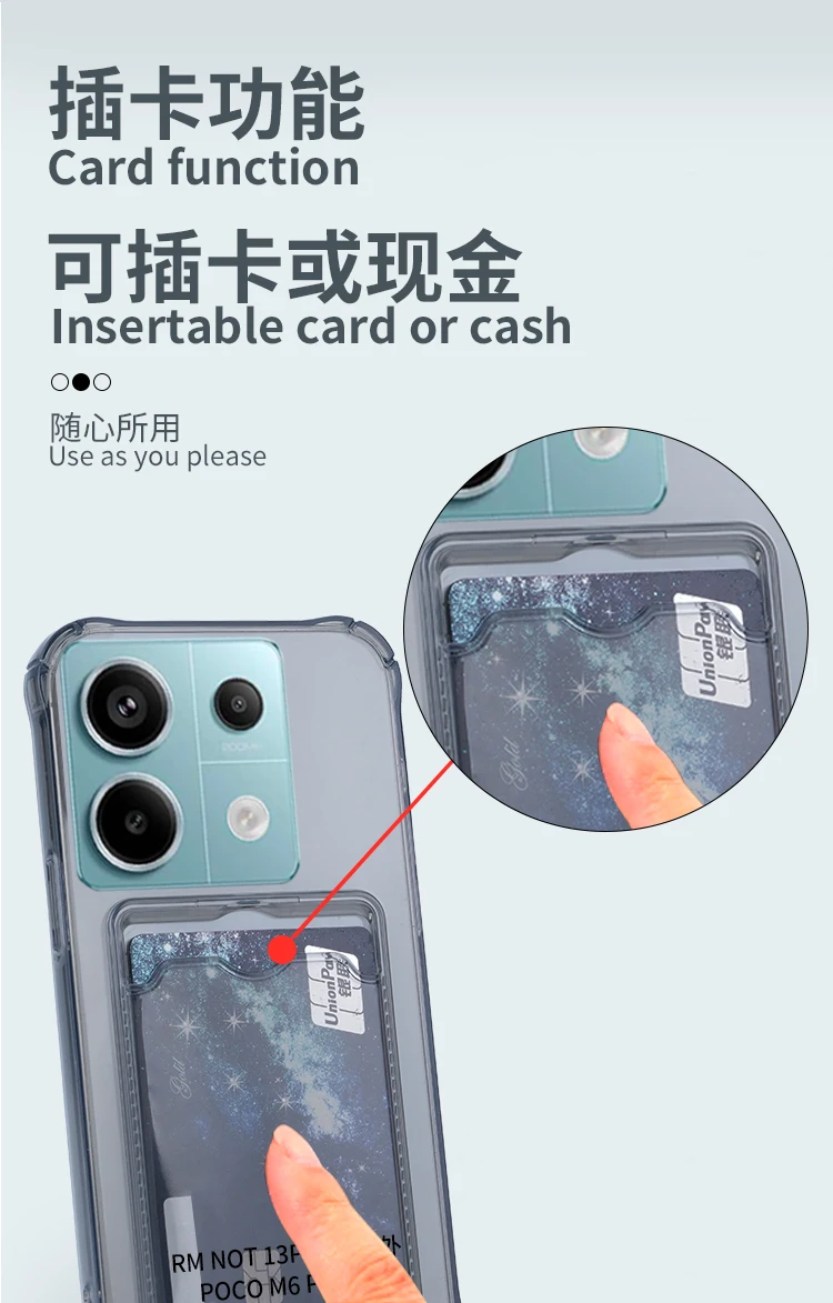 Kartenfach-Handyhülle für Xiaomi Redmi Note 13 12 11 10 9 Pro 13C 12S 12C 11S 10C 9A 9C 10A 10C Weiche TPU Transparente Schutzhülle – Detail 6