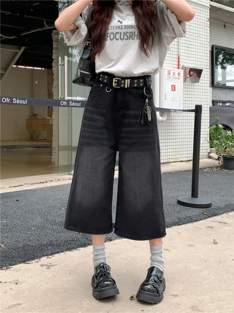 Japanese 2000s Y2K Baggy Denim Shorts Women Washed Blue Casual High Street Retro Shorts Female High Waist Trashy Mid Long Jeans