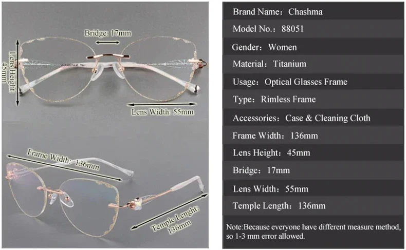 Chashma Cat Eye Titanium Prescrpiton Glasses Diamond Women Rimless Optical Frames Tint Colored Lenses