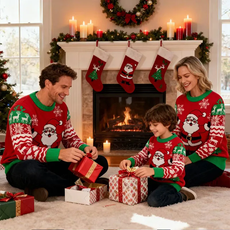 جديد عيد الميلاد الأطفال السترة الوالدين والطفل الزي الرجال النساء سانتا كلوز الأسرة موضوع حفلة الكرتون المطبوعة محبوك سترة #3