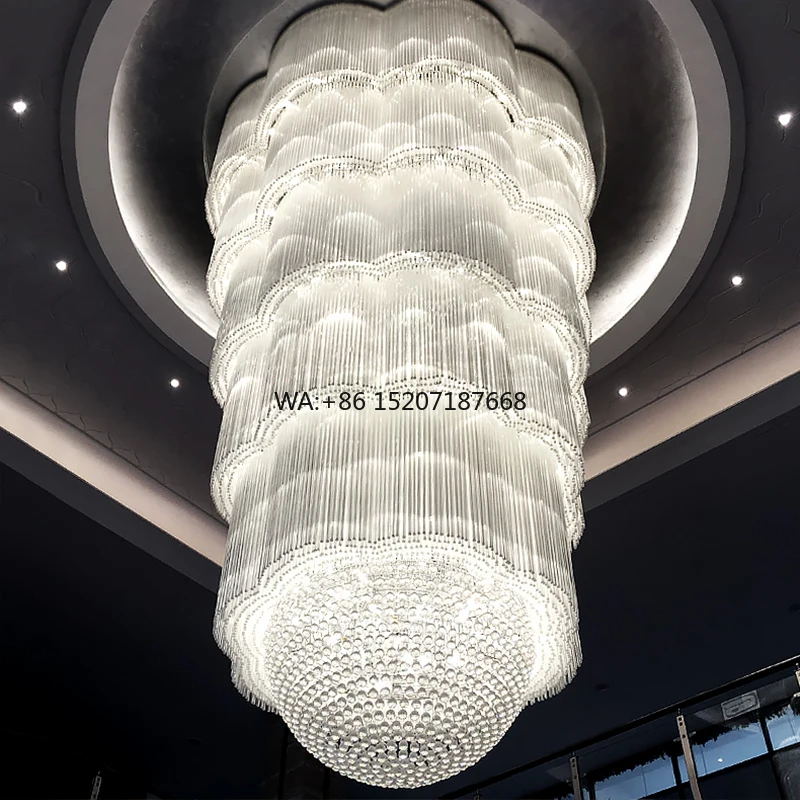 Custom Luxury LED Hanging Lamp Large Crystal Stainless Steel Pendant Ceiling Chandelier Glass Base for Hotel Lobby Lighting