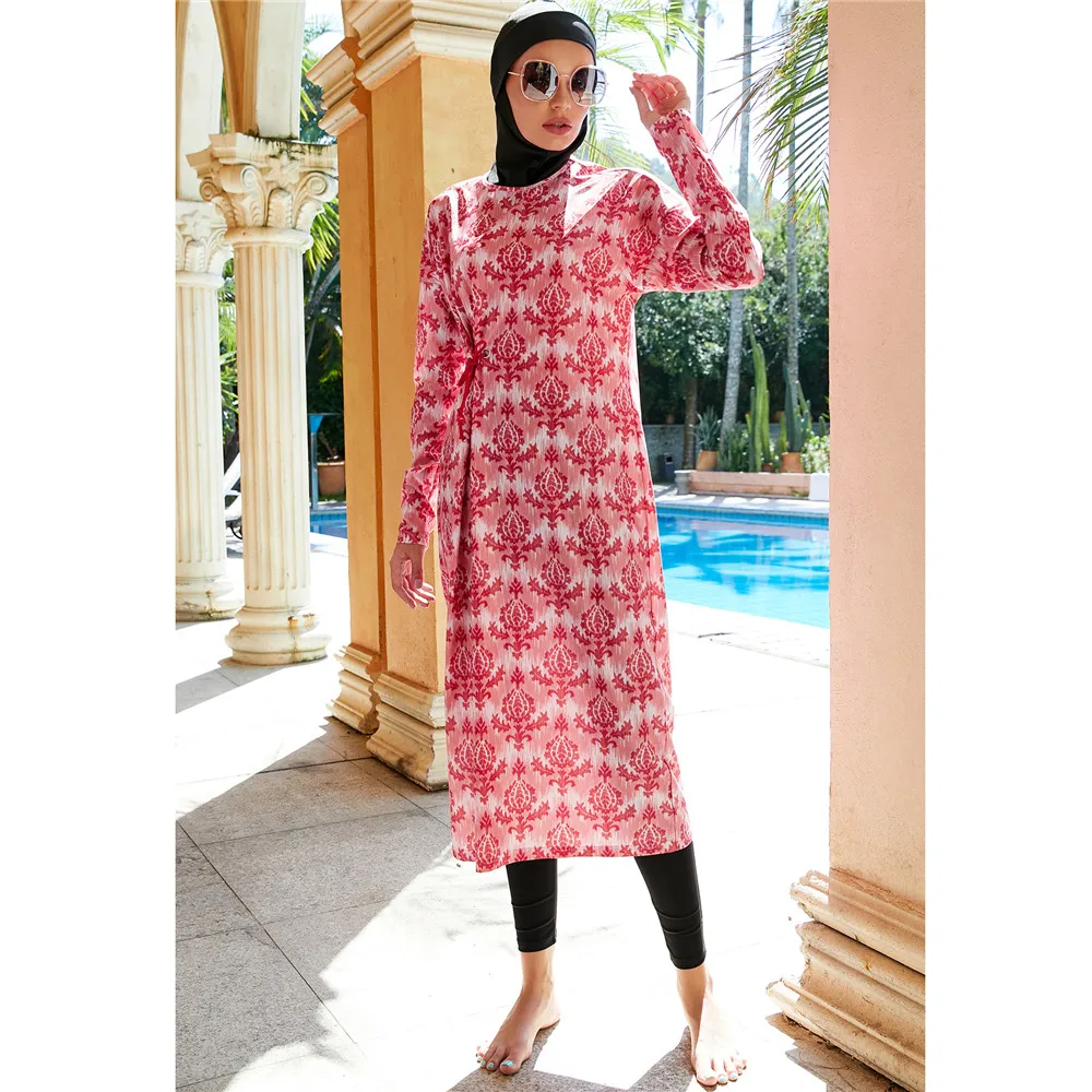 3pcs Women Muslim Print Long Swimwear Full Cover Sportwear Arab Hijab Burkini Bathing Islamic Swimsuit Set Modest Costumes Suit