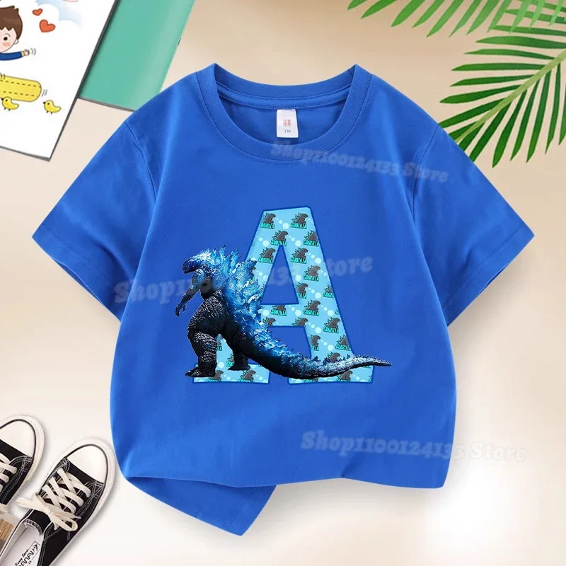 

Godzillas Children Blue T-shirt Cotton Letters Movie Cartoon Printed Boys Kids Cute Streetwear Tees Casual Clothes Birthday Gift