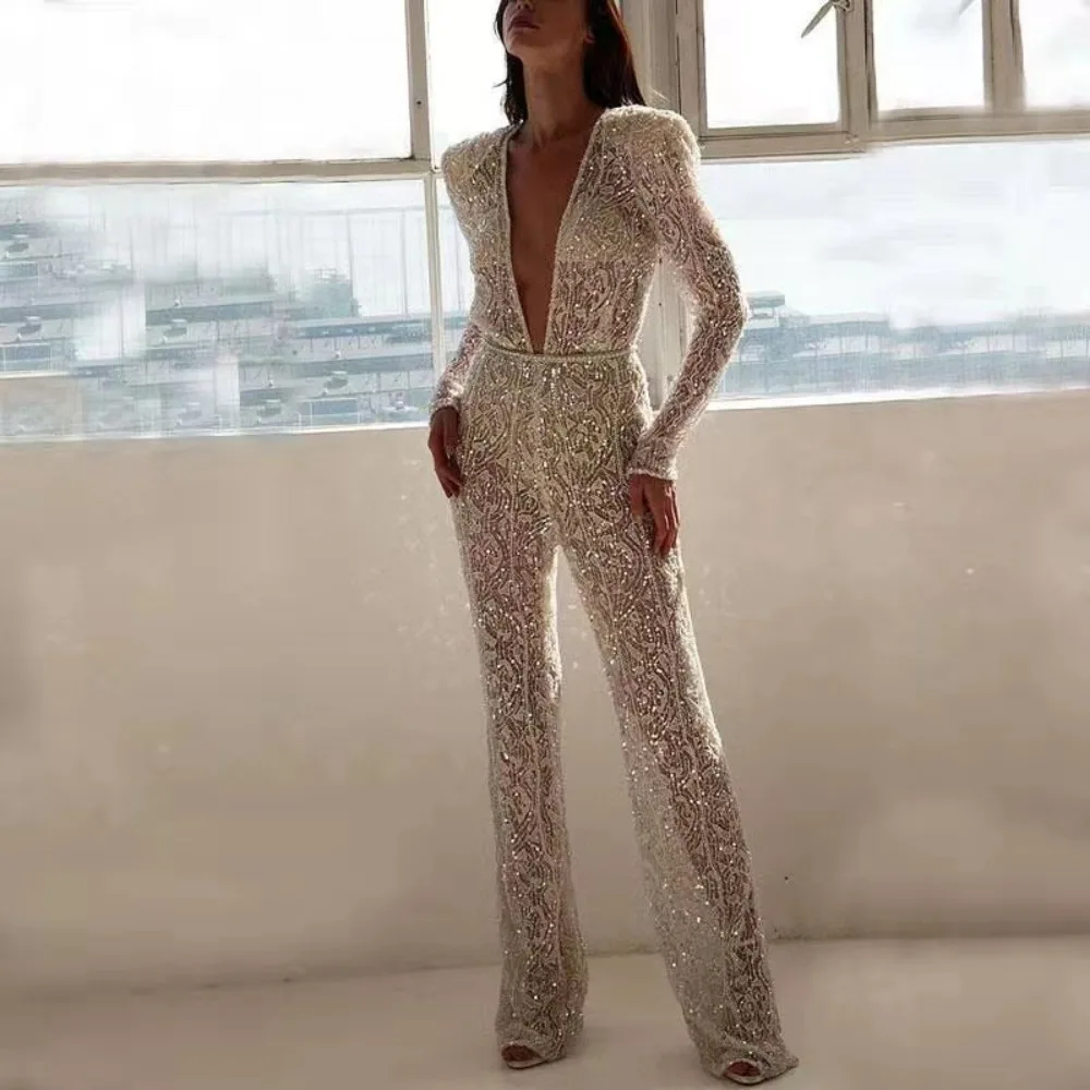 

Spring and Summer Fashion New Women's V-neck Sprinkled Gold Long-sleeved Trousers