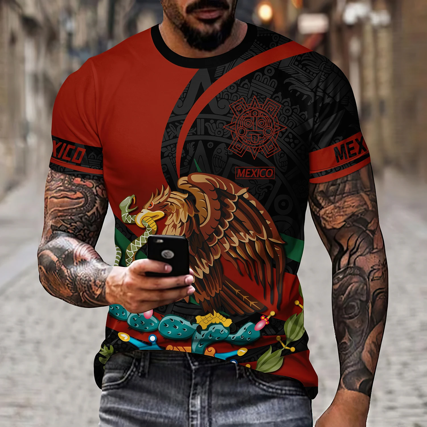 Men\'s Mexico 3D Pattern T-shirt Summer Casual Pullover Men\'s Fashion Loose Short Sleeve Top