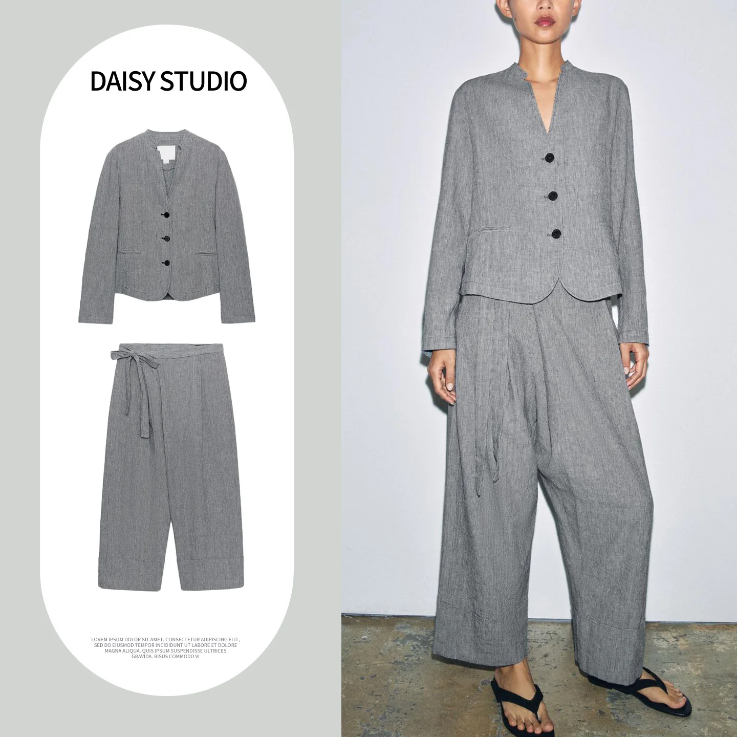 Women's Spring Fashion Suit V-Neck Long Sleeve Plaid Single Button Straight Leg Pants Two-Piece Set Short Coat Medium Waist
