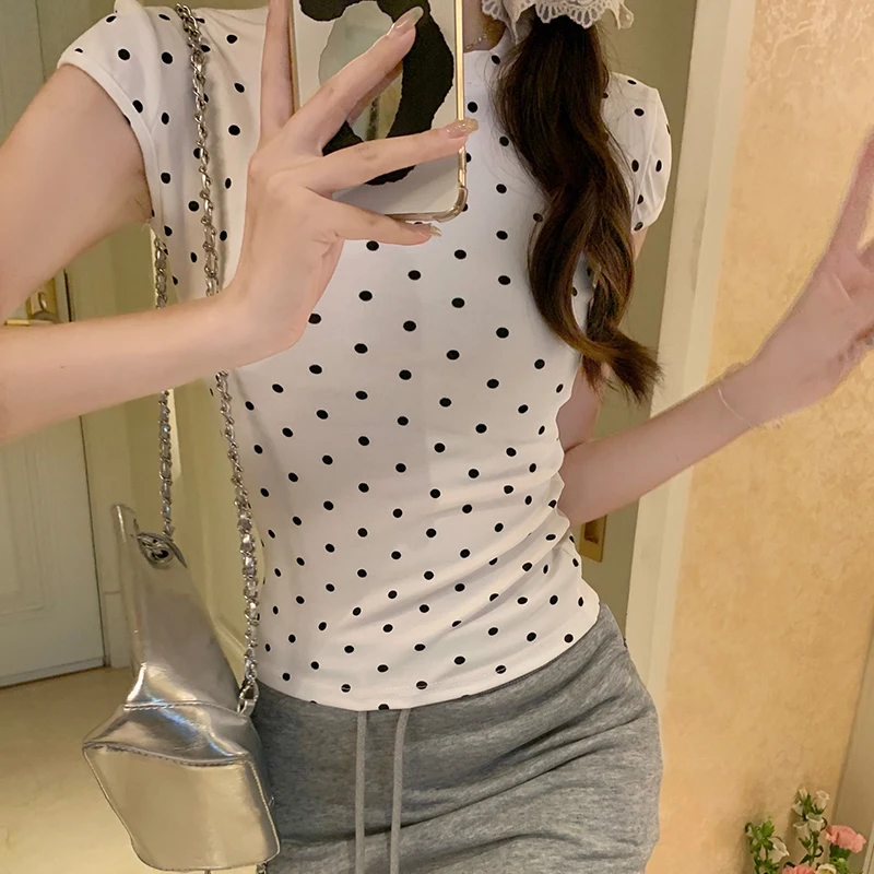 Women Punk Vintage Polka Dot Print Y2k Clothes Harajuku Short Sleeve T-Shirts Korean Fashion Crop Top Casual Streetwear Tee Tops