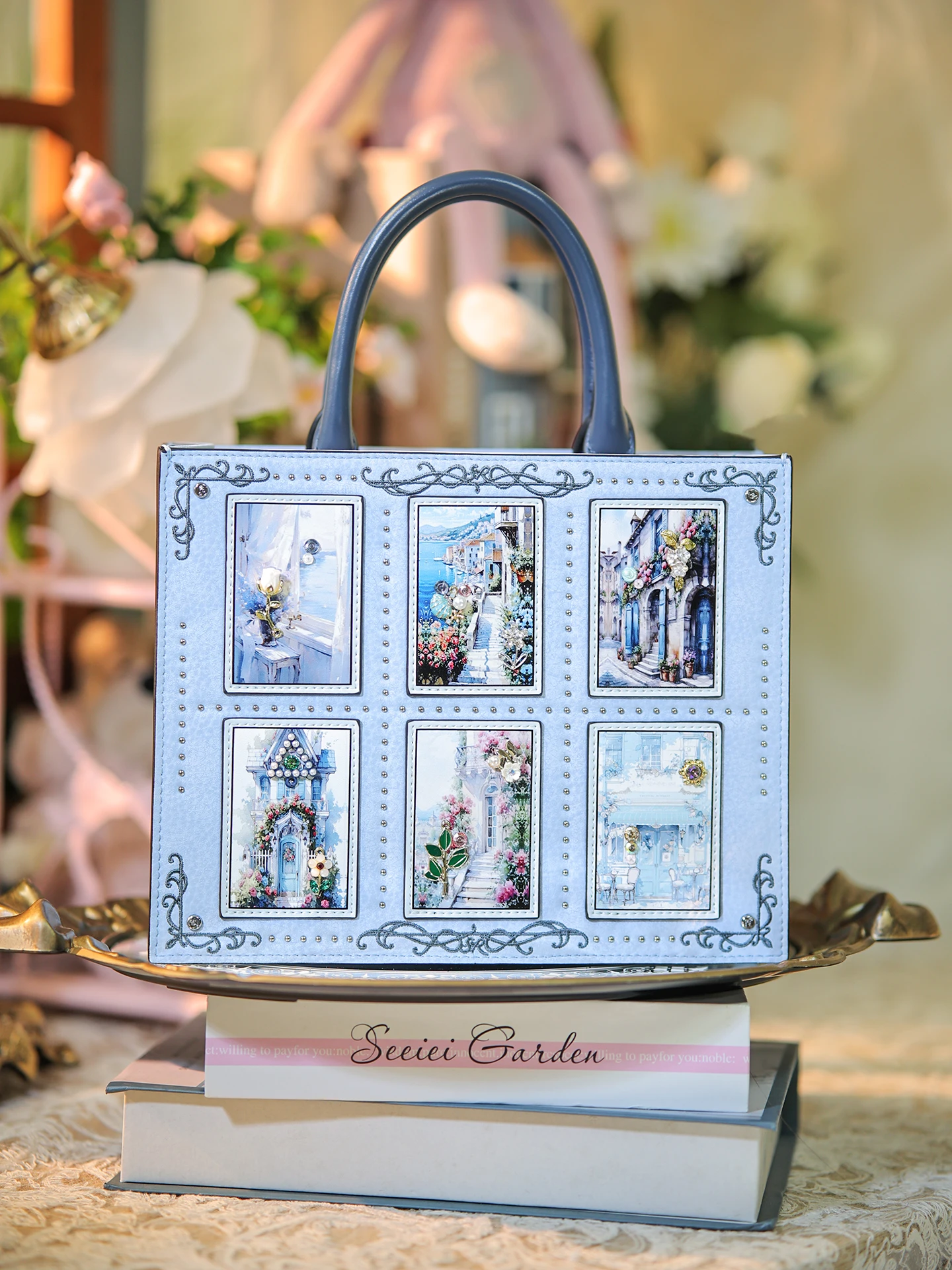 

Anthracene Love Original Design Fashionable Light Luxury Blue Landscape Handbag Small Square Bag Crossbody Bag Tote Bag Holiday
