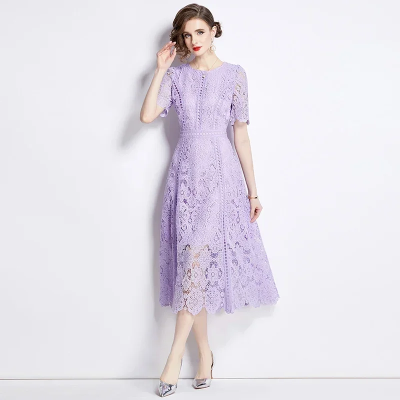 

Elegant Women Dress Lace Summer Sexy Dress Solid Hollow Out Dresses for Women Vintage Women Clothing Solid New Purple Long Dress