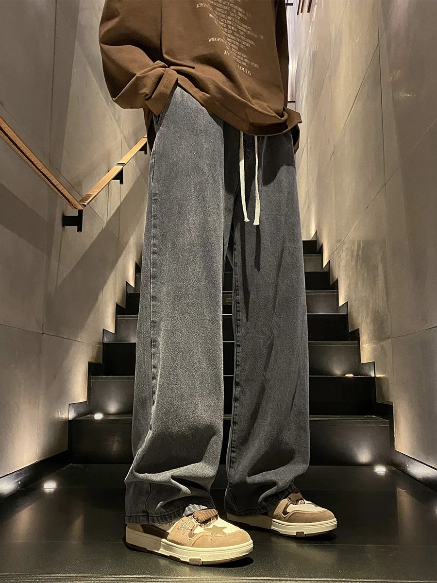 

Loose Straight Leg Men's Jeans Autumn Spring Black Wide Leg Casual Long Pants American Retro Style Teenage Youth Fashion