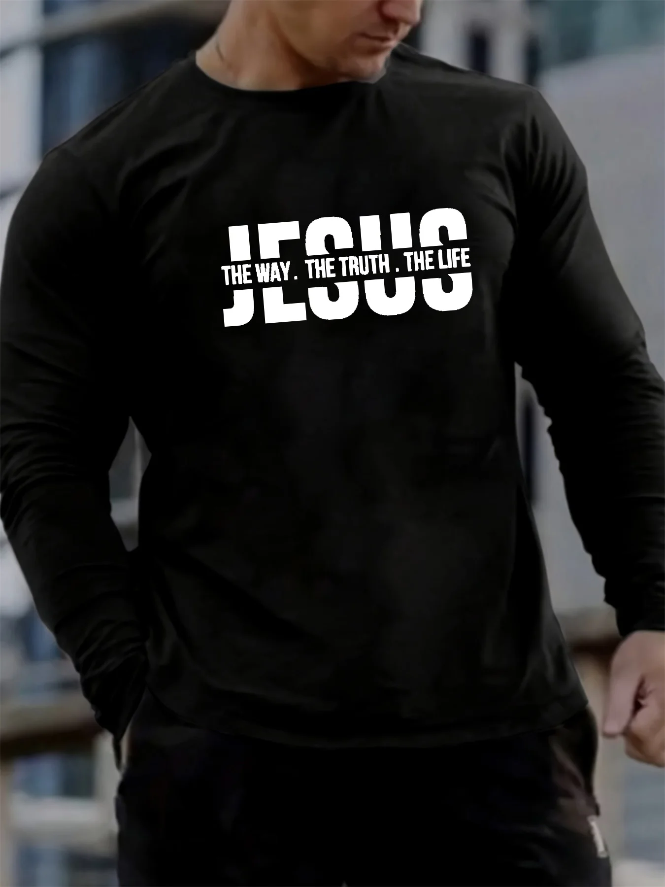 Men Spring Autumn 100% Cotton Loose Fit Casual Crew Neck Long Sleeve T-Shirt Jesus The Way The Truth The Life Graphic Print