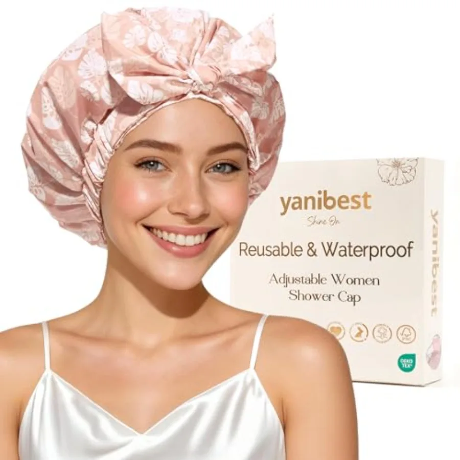 

Shower Cap for Women Reusable Waterproof Adjustable Non-Slip Shower Hair Cap Washable Bath Hat for Long Hair