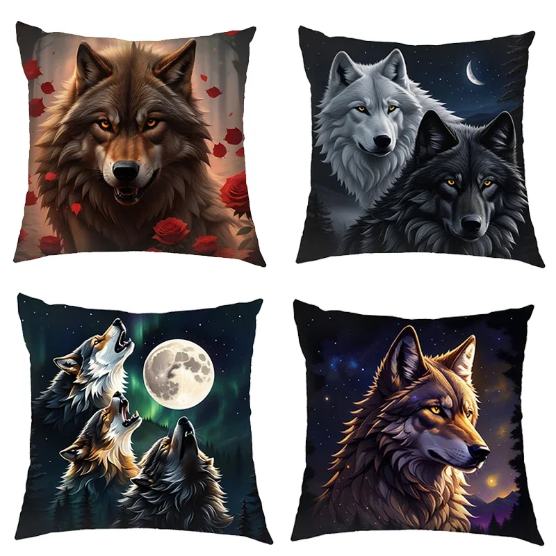 Wolf Howling Under Moonlight Pattern Cushion Covers Pillowcases Sofa Bedroom Home Office Home Party Car Bedding