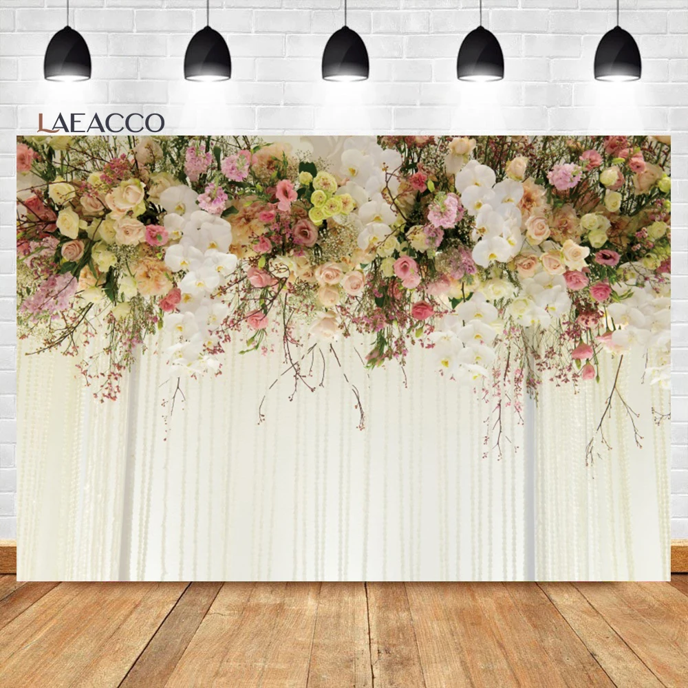

Laeacco Wedding Flowers Backdrop Bridal Floral Wall White Pink Floral Rose Reception Ceremony Portrait Photography Background