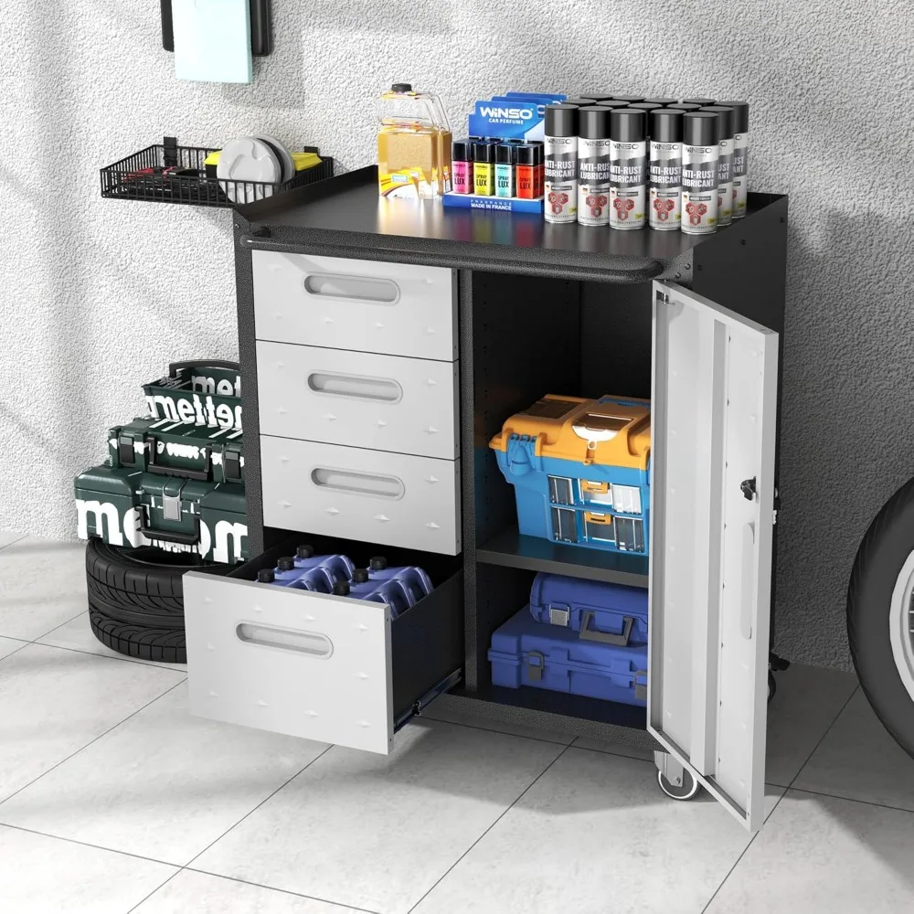 Metal Storage Cabinet with Wheels, Rolling Tool Cabinet with Adjustable Shelve, Locking Garage Storage Cabinet with 4 Drawer