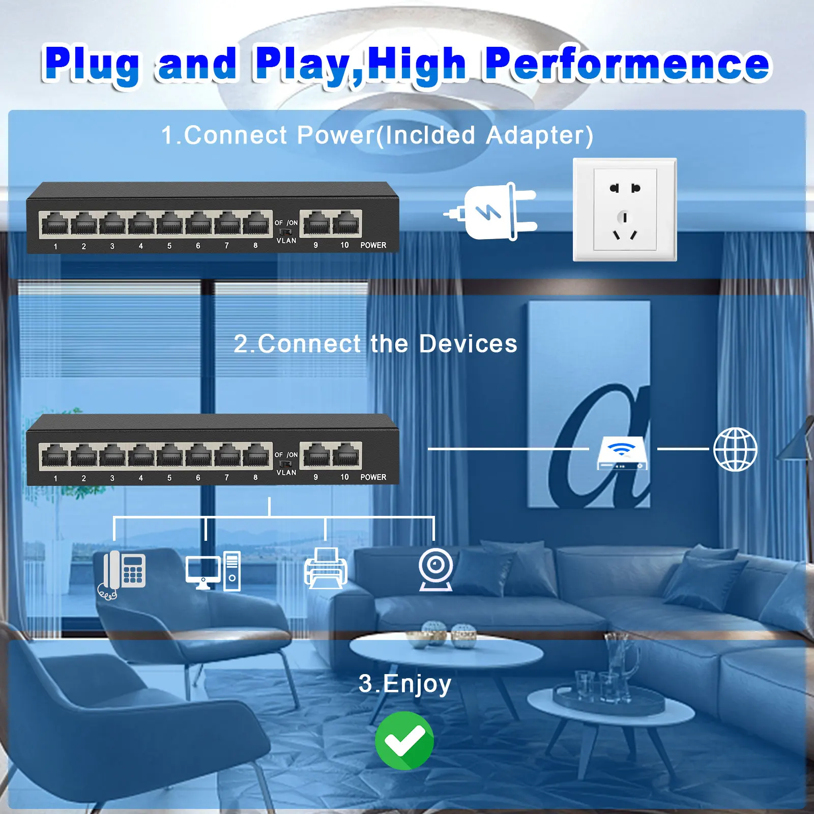 TEROW-Gigabit Ethernet Switch de Rede Inteligente, Internet Splitter, Auto MDI MDIX, 10 Portas, UTP, Hub RJ45, 10 Mbps, 100 Mbps, 1000Mbps