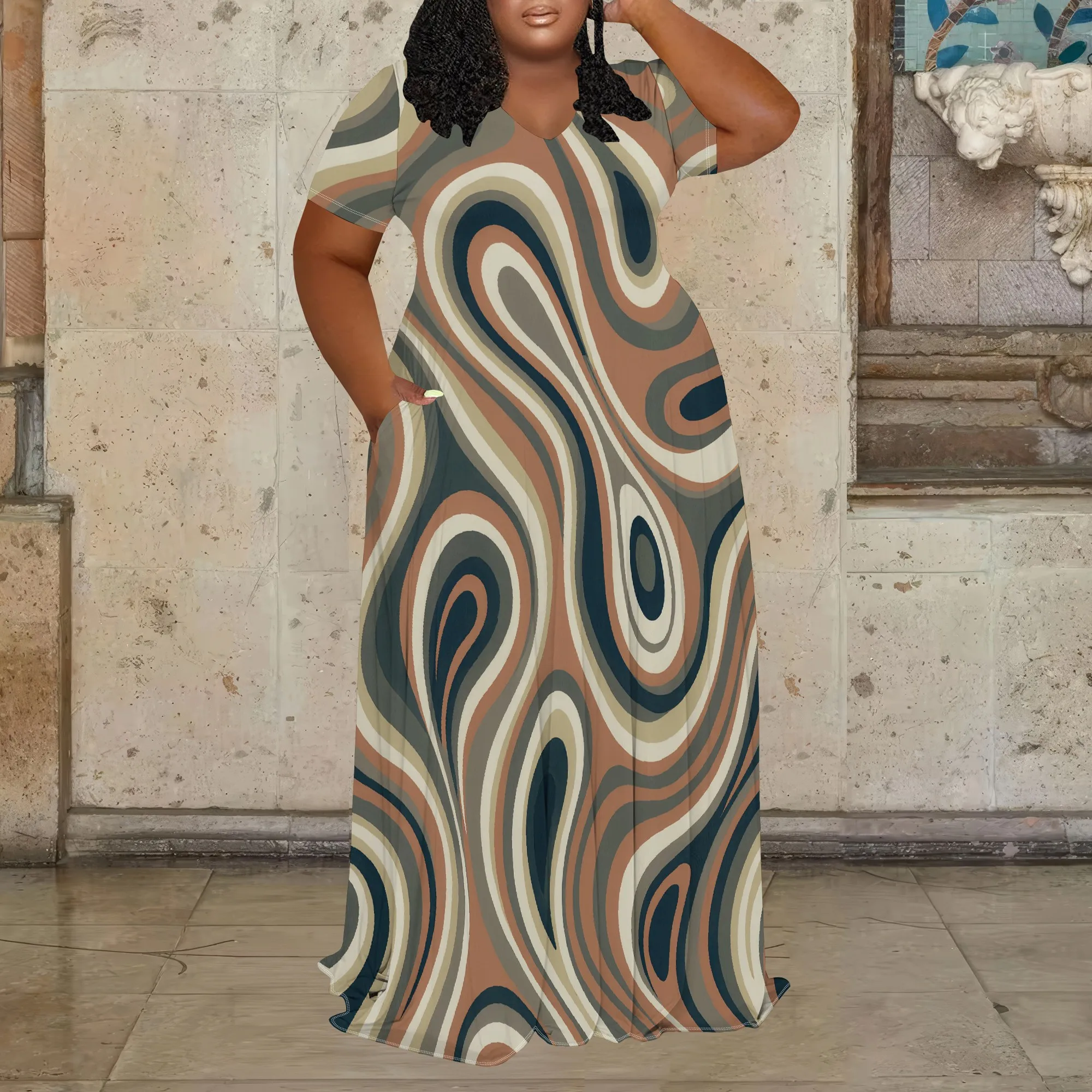 

Plus Size Women's Summer Maxi Dress Boho V-Neck Short Sleeve Casual Loose Beach Party Long Dresses with Pockets XL-6XL