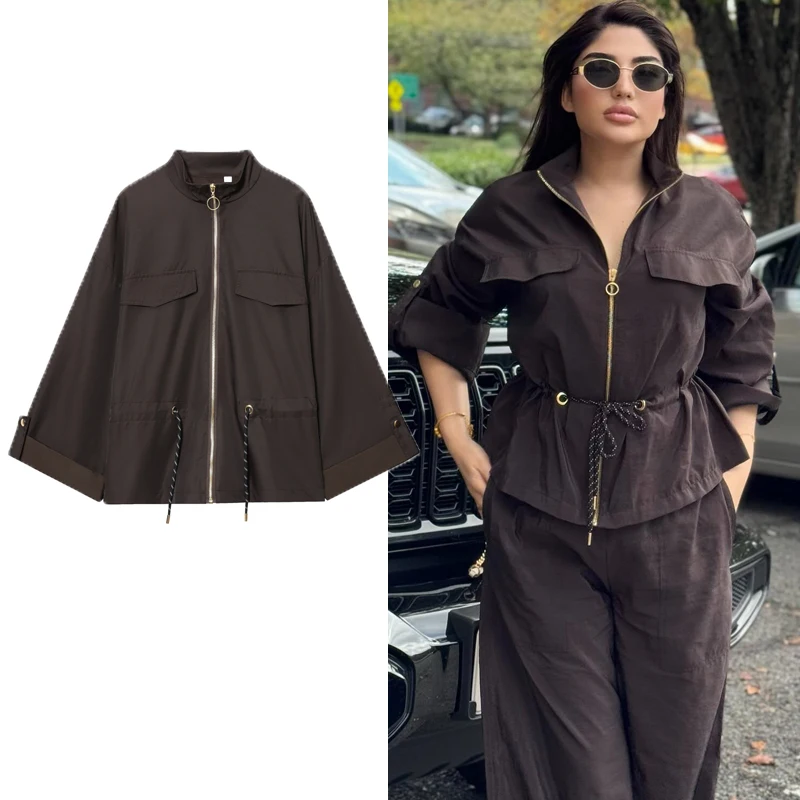 

Коричневая куртка с ремешками в стиле сафари, женская демисезонная куртка на молнии, осень 202, укороченное пальто, топы с длинными рукавами для женщин, ветровка