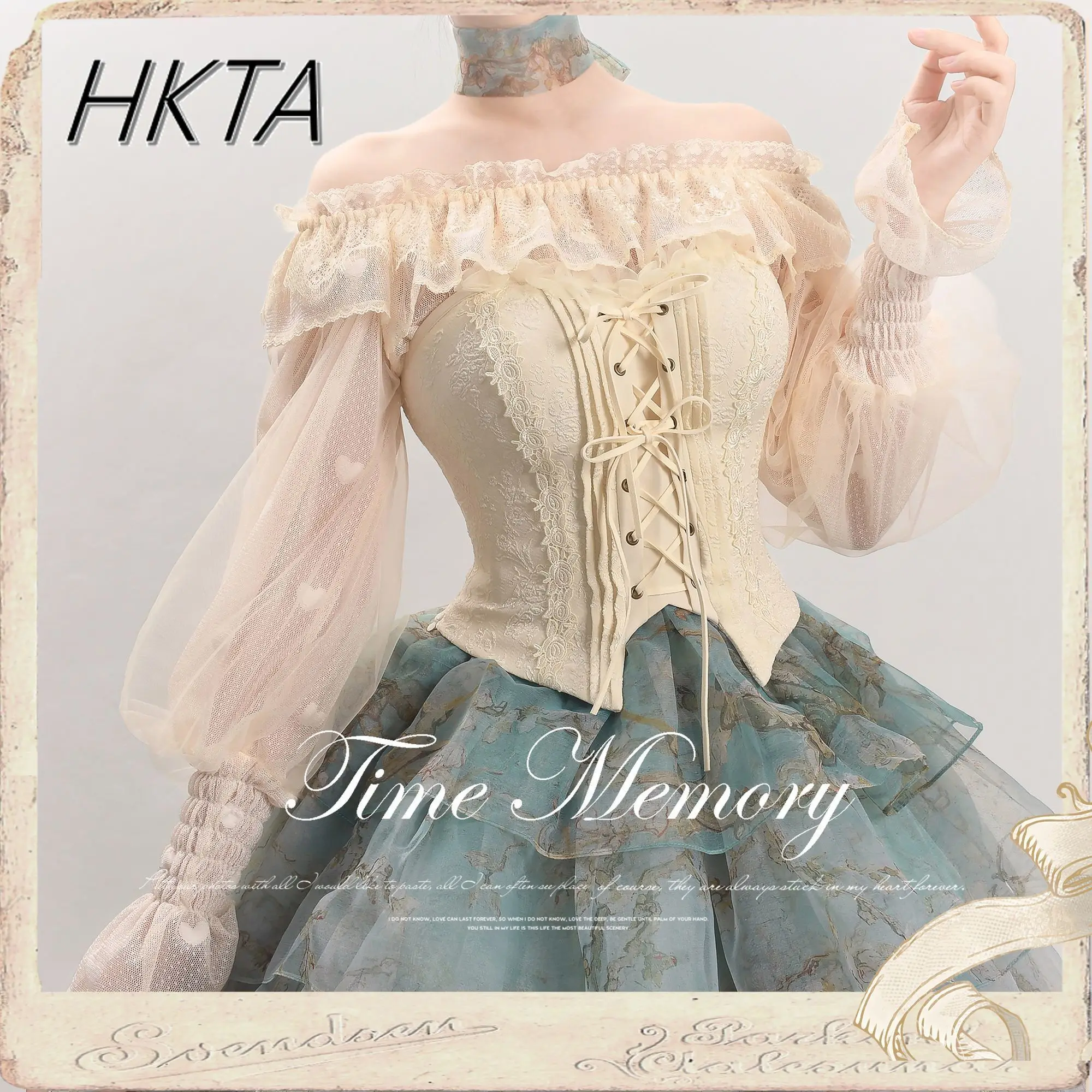 

Lolita Sweet Cute Crewneck Shoulder White Blusas Women Spring Elegant Lamb Leg Sleeve Ruffled Edge Waist Mesh Shirt Top Girls