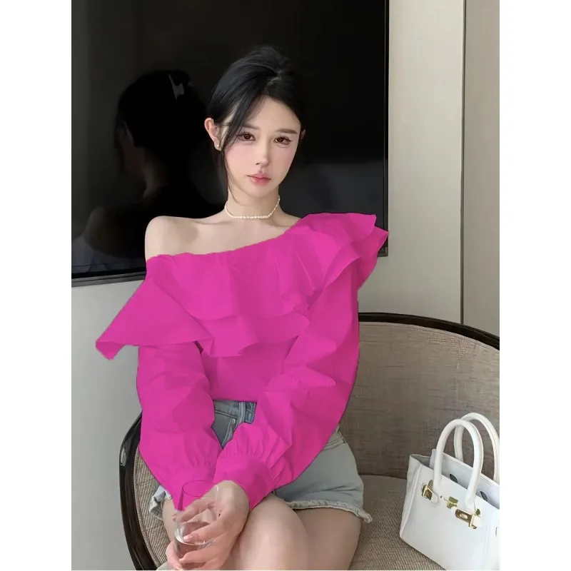 Camisa de manga larga con hombros descubiertos y volantes de doble capa con temperamento francés maduro y elegante, Top holgado para mujer