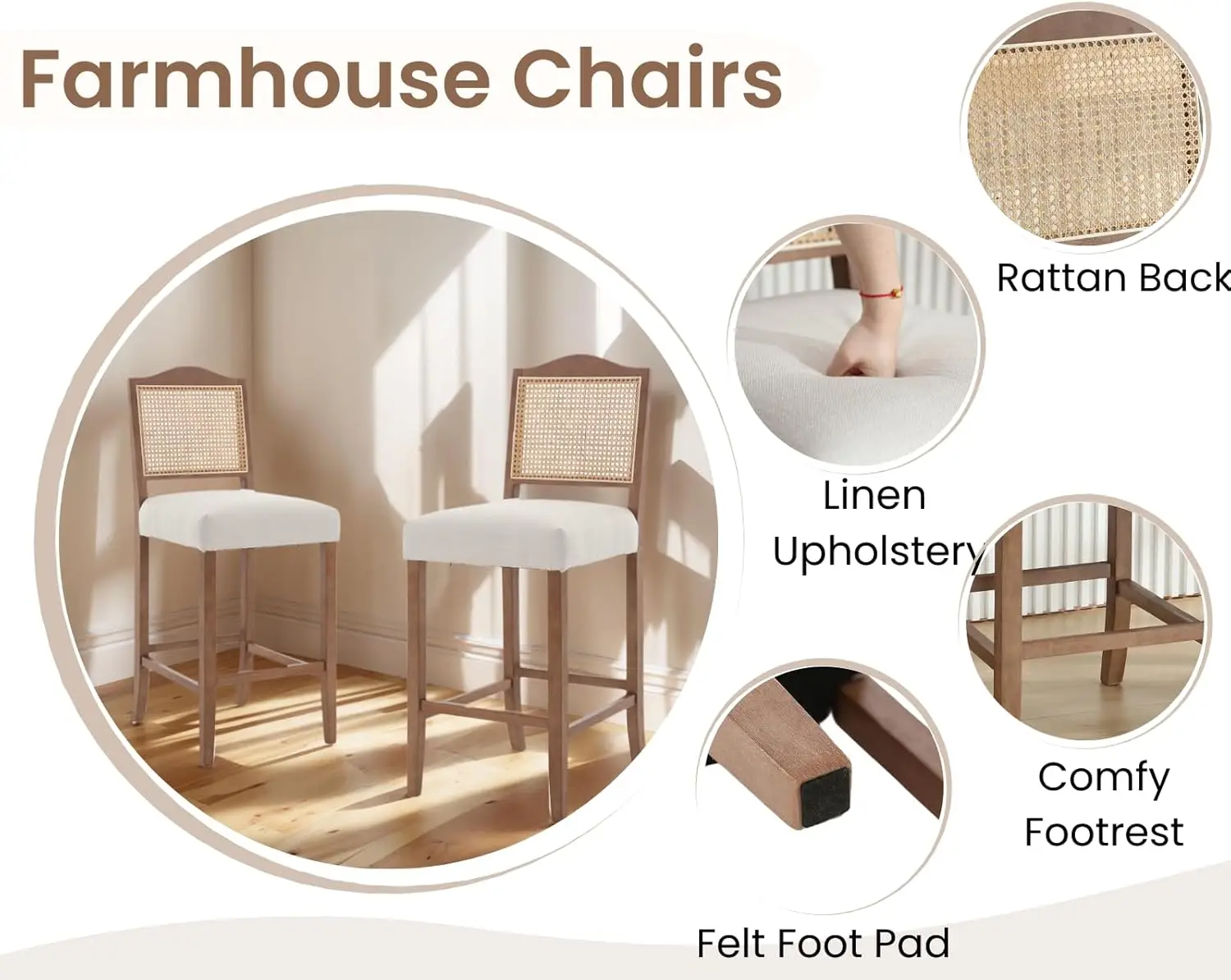 Set di 2 sgabelli da bar Farmhouse, schienale in rattan, imbottiti in lino, sedie da cucina ad altezza bancone beige 30'