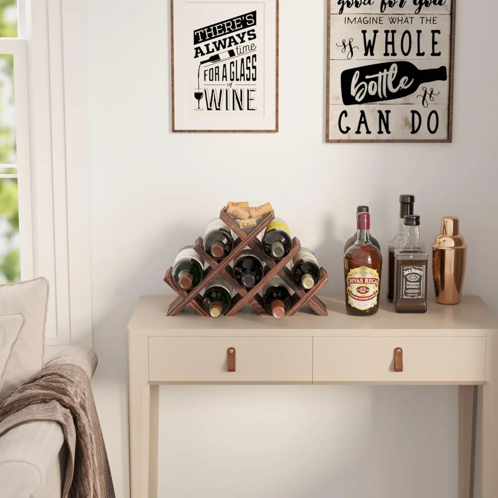 Rustic Wood Wine Rack for 8 Bottles with Cork Storage, Freestanding Tabletop Organizer in Walnut Finish