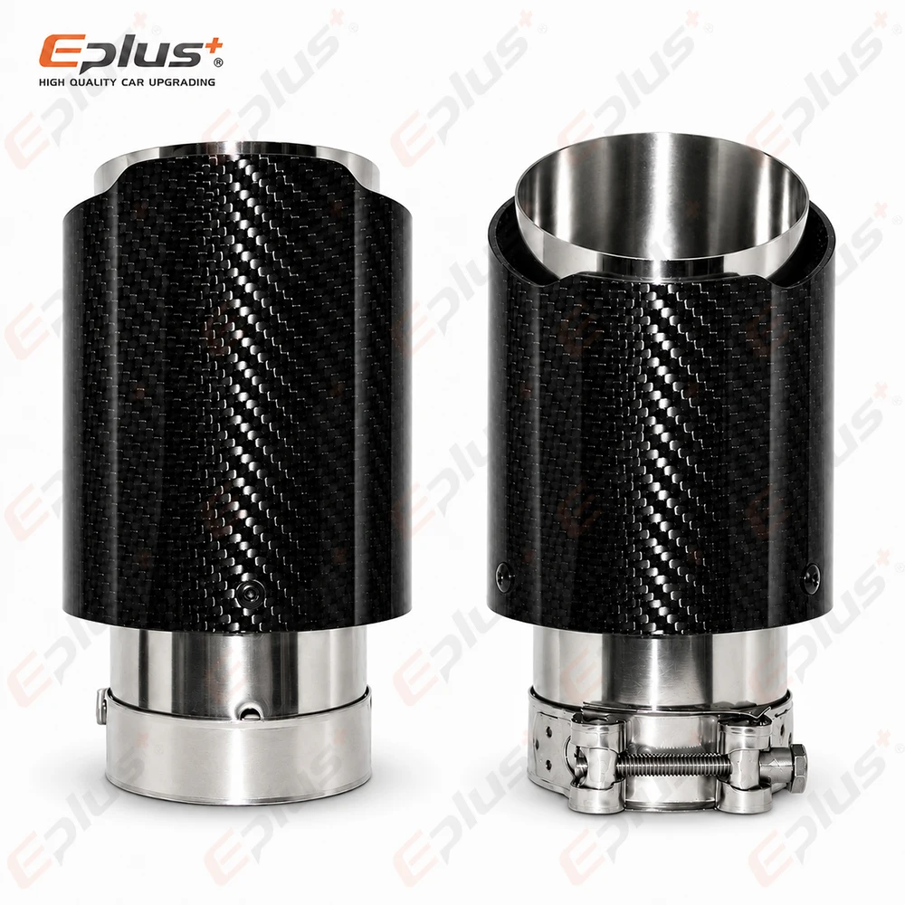 Universal Glossy Carbon Fiber Car Exhaust Muffler Tip Clamp‑On Straight Exhaust Pipe Mufflers Nozzle Straight Stainless Silver