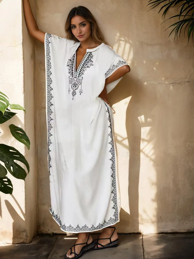 

2025 Fashion,Women's Long Dress, Female Dress ,White Black,Embroider Slash