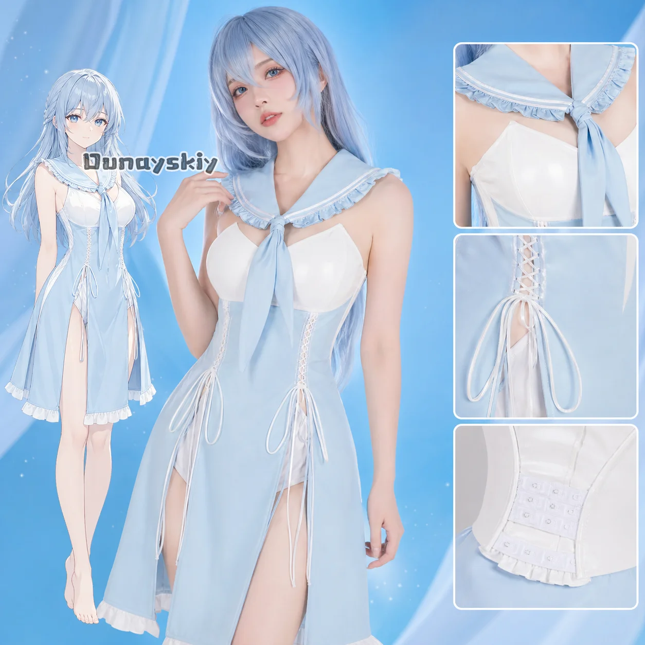 

LWW29*Original Design Anime Kawaii Japanese JK Bunny Uniform Light Blue Lingerie Cute Bodysuit Sweet Furry Rabbit Cosplay