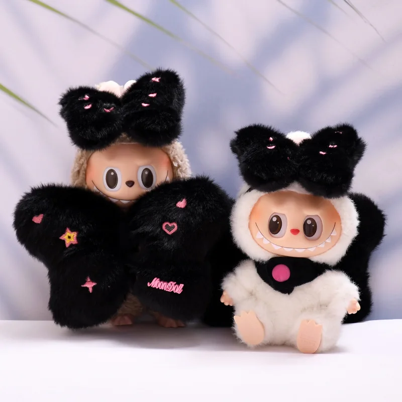 

Labubu Black Plush Bow Tie Set for 1st/2nd/3rd Gen 17cm Doll Changeable Keychain Outfit with Twin Ribbon Accessories No Doll
