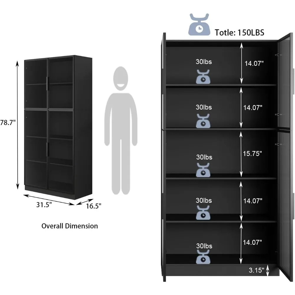 5-Shelf Display Cabinet with 4 Glass Doors, 78.7-inch Tall Curio Cabinet, Bookcase Shelf Display Cabinet