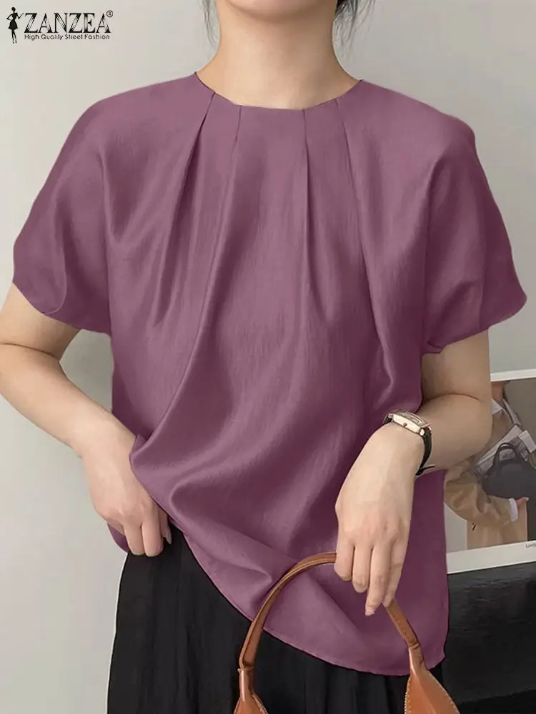 ZANZEA Elegant Office Pleated Top 2024 Summer Women Cotton Short Sleeve Blouse Peplum Blusas Round Neck Tunic Casual Loose Shirt