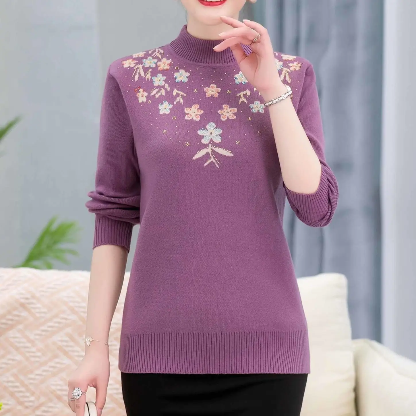 

Корейские женские пуловеры с цветочным принтом, повседневные свободные джемперы с воротником-стойкой и длинными рукавами, женские мягкие вязаные свитера, осень 2025 г.