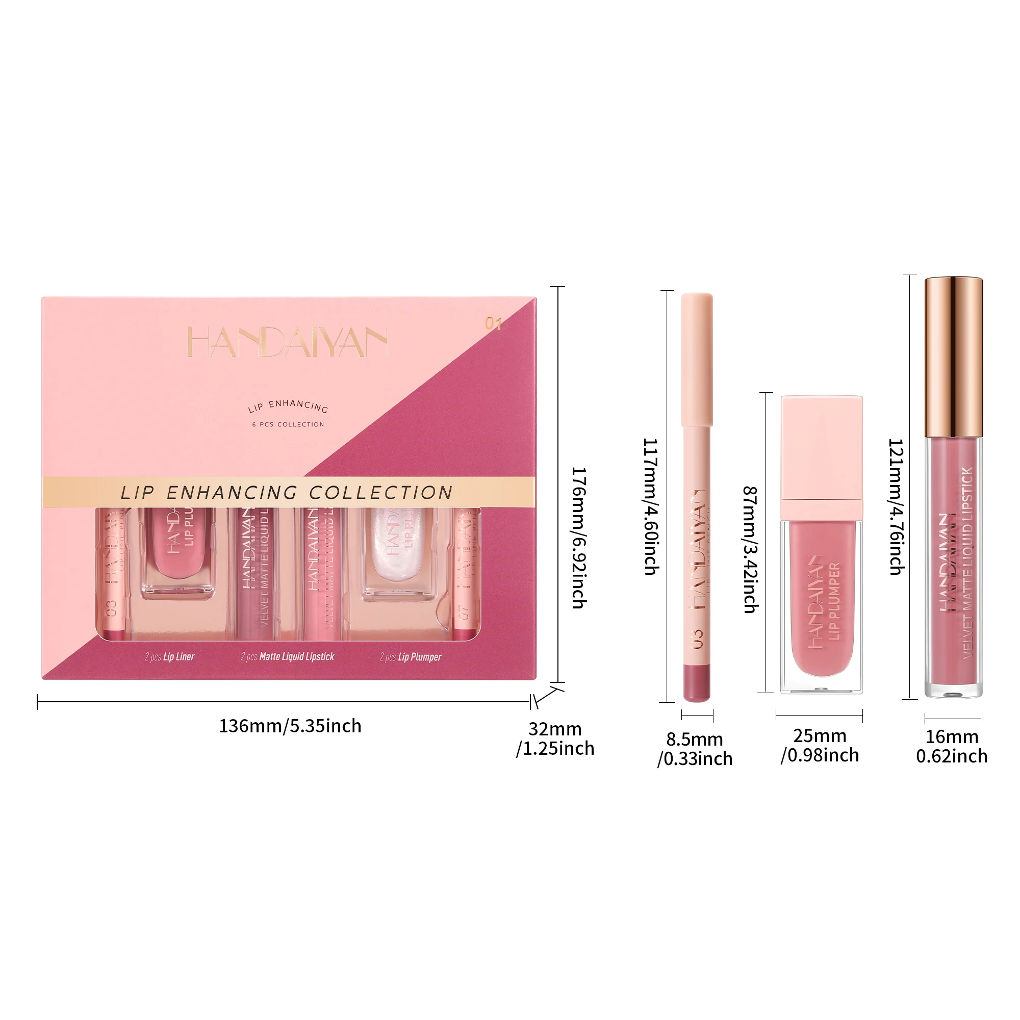 HANDAIYAN Conjunto de delineador labial fosco de longa duração, 6 peças, hidratante, à prova d'água, delineador labial + brilho labial + conjunto de laca labial