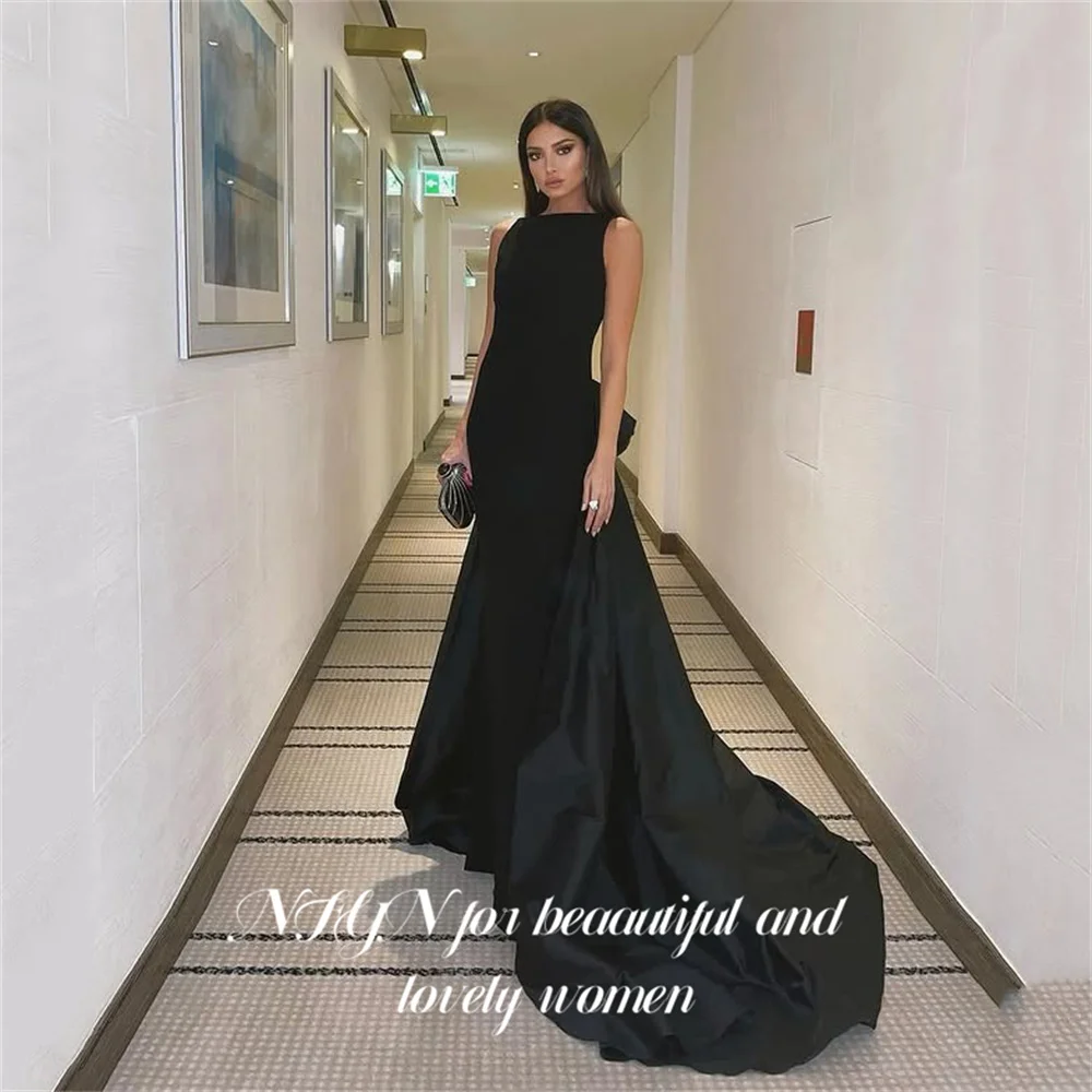 

NFYN Black Prom Dress O Neck Party Dress Sleeveless حزب فساتين Satin Formal Occasion Dress for Arabic Women Customized