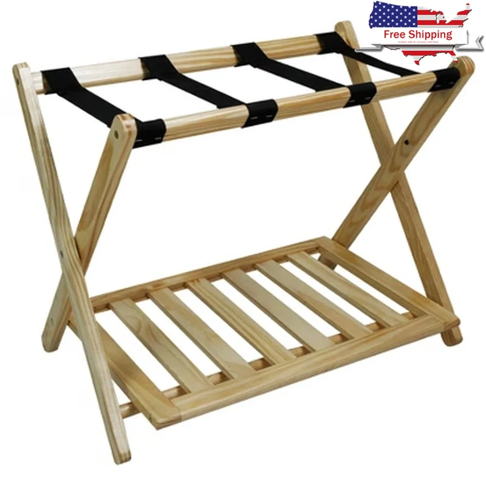 

Folding Luggage Rack with Shelf Natural Wood Hotel Style Shoe Storage No Assembly Required Sturdy Construction Compact Design