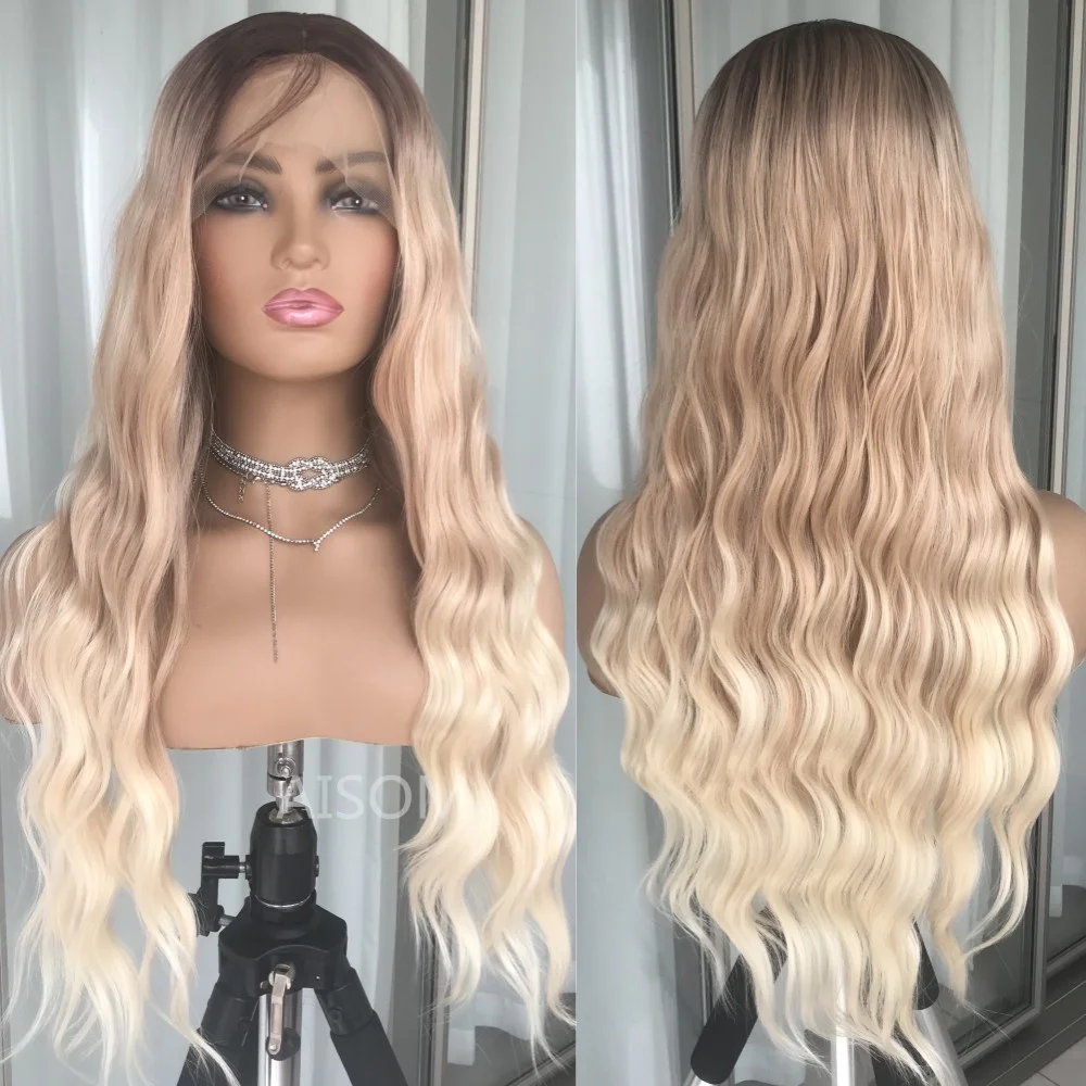 Loose Deep Wave Ombre Blonde Lace Front Wig High Quality Synthetic Lace Wigs for Women Long Wavy 13x3 lace Frontal Grey Wigs