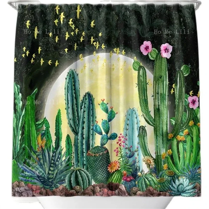 Purple Lake Moonlight Stars Night Sky With Trees Boho Funny Cactus Forest Print Polyester Fabric Shower Curtain Hooks Included