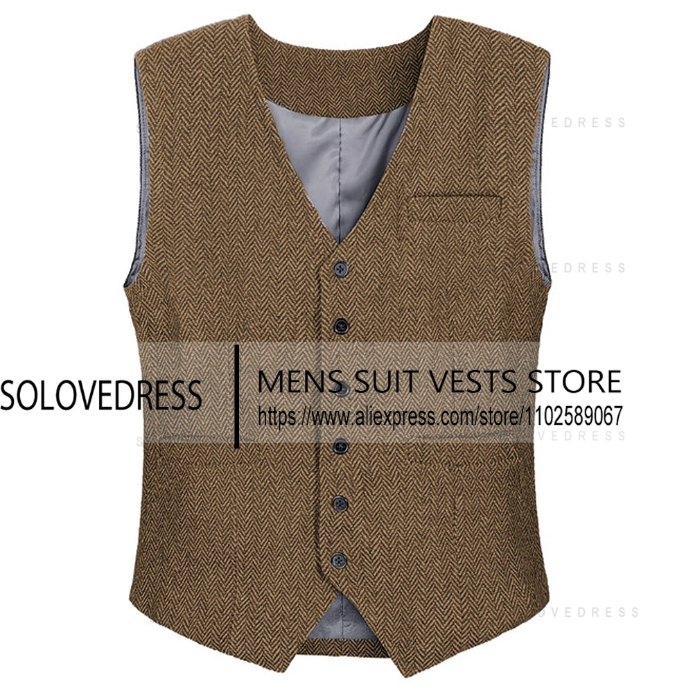 Men's Vest V Neck Herringbone Waistcoat Single Breasted Slim Fit Wedding Men's Vest For Jacket