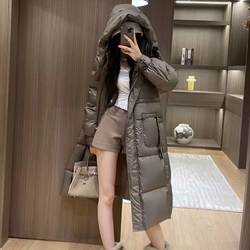 가벼운 럭셔리 후드 웨이스트 뮤즈 다운 재킷 가을 겨울 패션 스타일리시한 출퇴근용 고급 여성 다운 코트