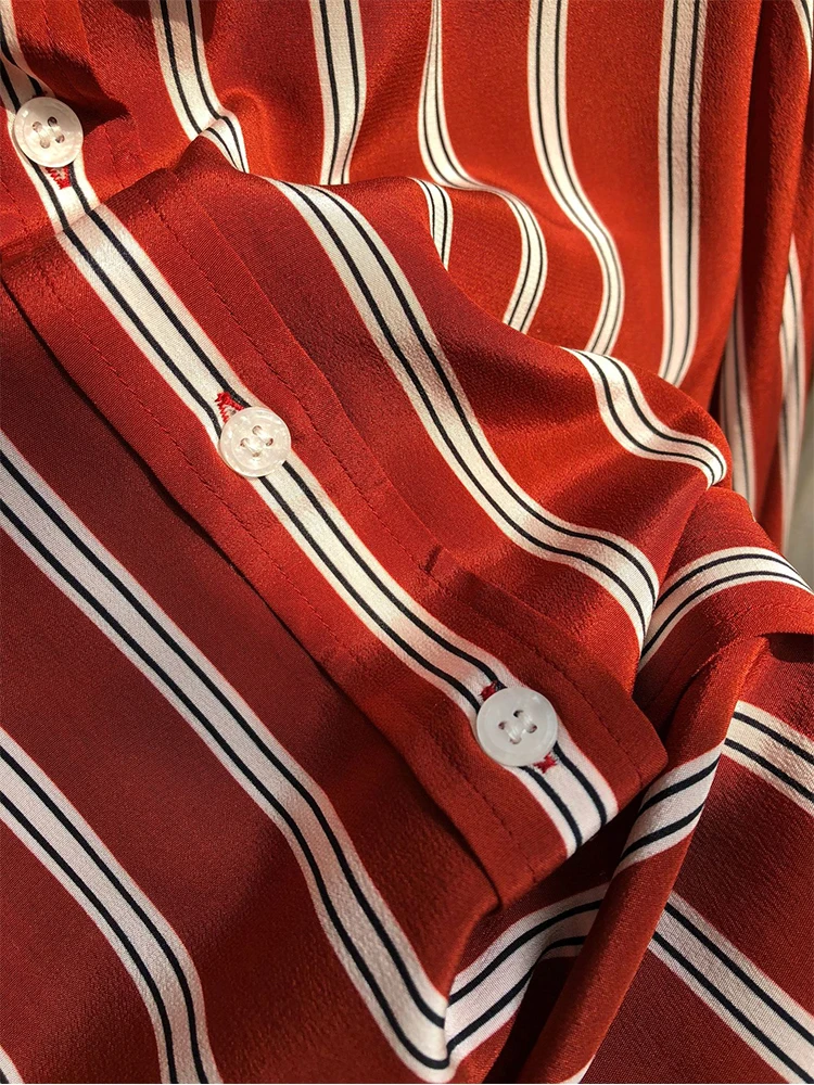 Birdtree 18MM Sandwashed Crepe De Chine 100%Silk Shirt Red And White Stripes French Vintage Square Neck Commuter Top T38070QD