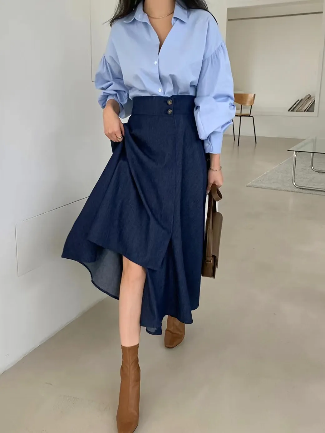 Csa foada e versátil com manga lanterna, saia jeans de aodão irregular de cintura alta para mulheres, top e com...